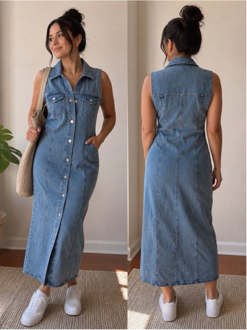 House of Harlow 1960 Denim Maxi Dress XS Blue Sleeveless Button Front Collared